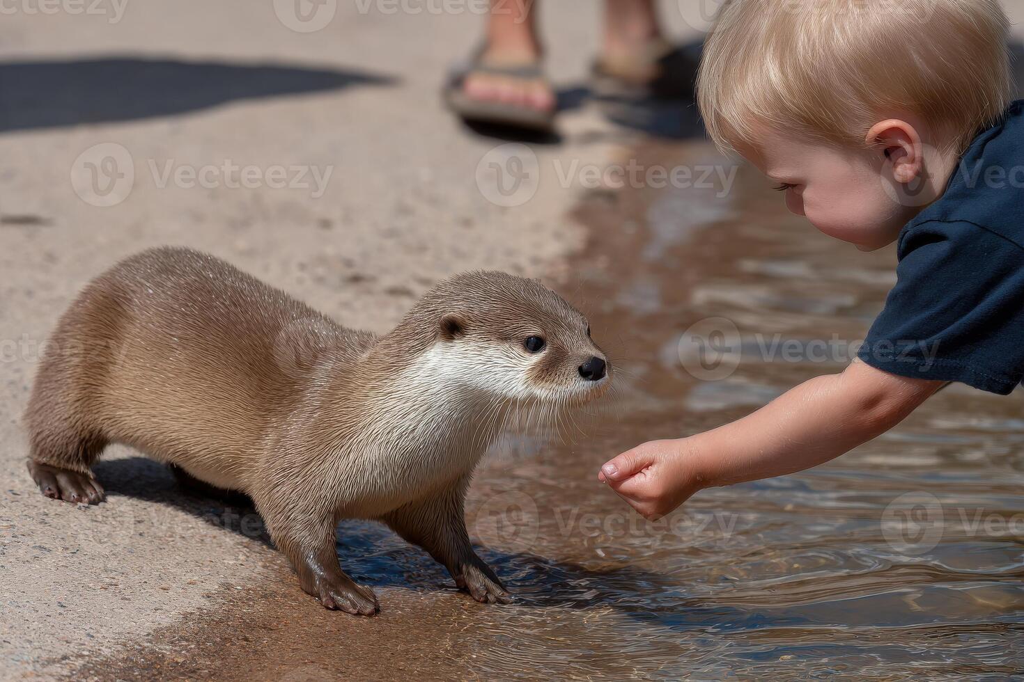 A little boy is petting an otter at the zoo photo