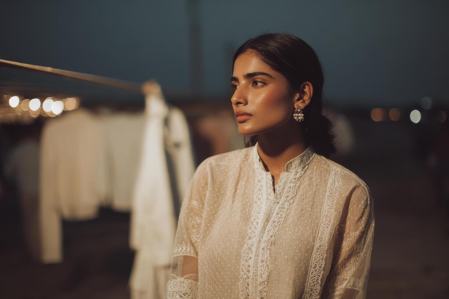 A woman in white shirt standing in front of clothes photo