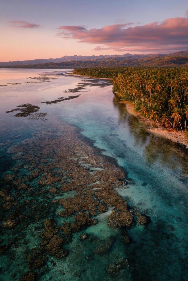 stunning aerial view of philippine island archipelago at sunrise showcasing its vibrant coral reefs surrounded by photo