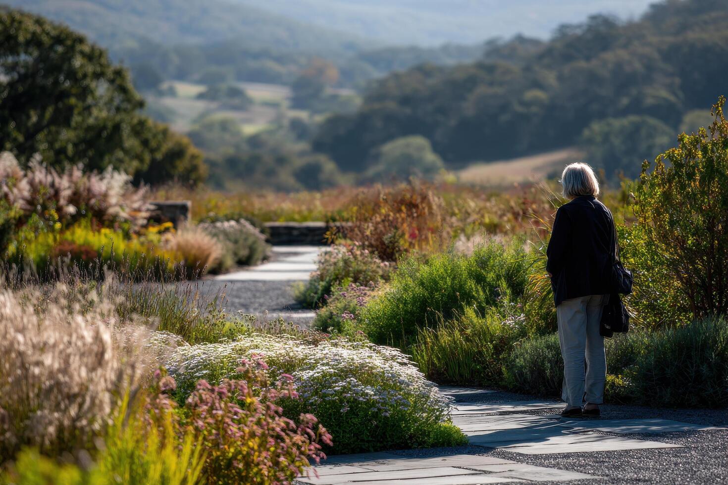 thoughtful landscape architect stands in vibrant blooming garden gazing into distance photo