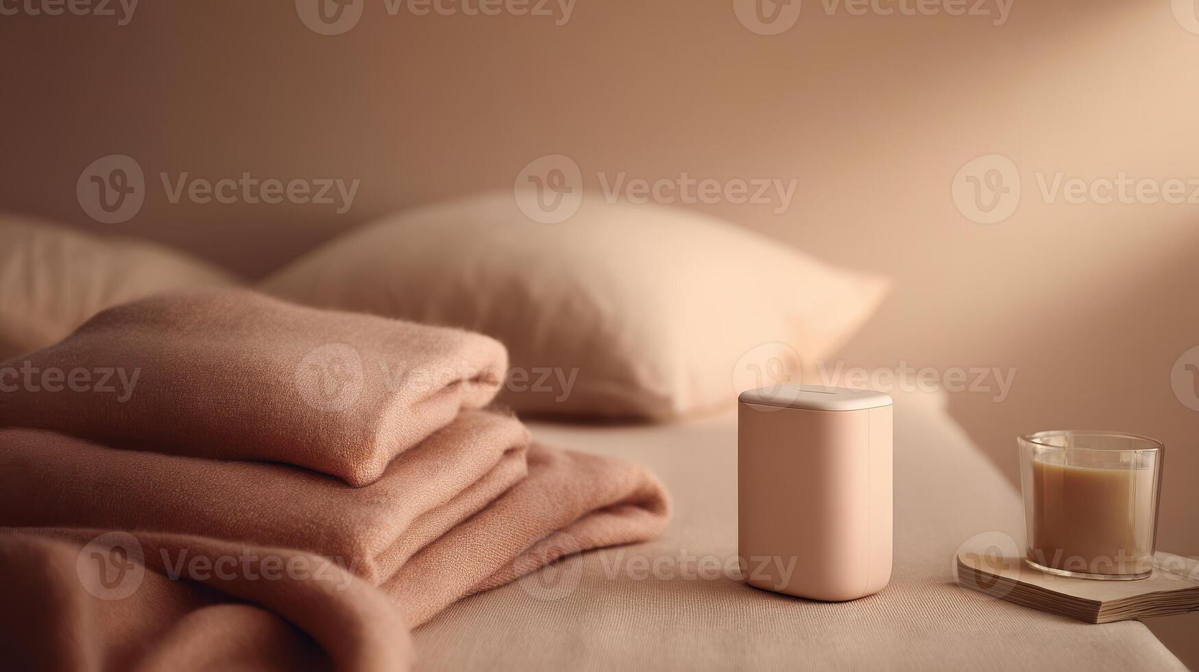 A bed with a pillow, a glass of milk and a blanket photo