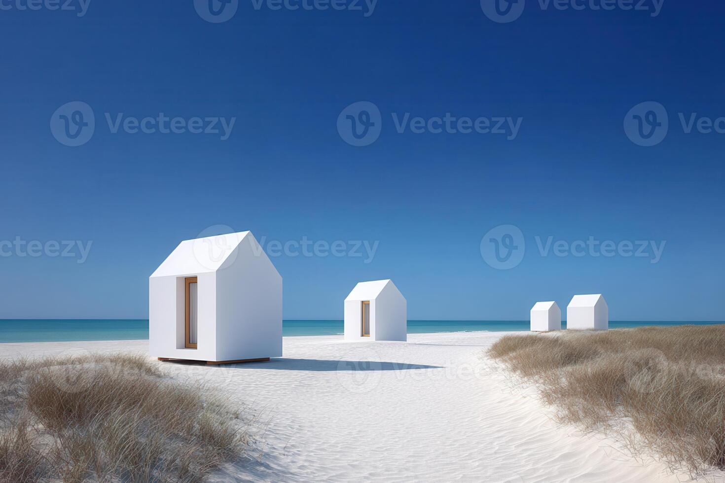 serene eco hotel made of modern capsule houses on secluded beach with gentle sea breeze photo