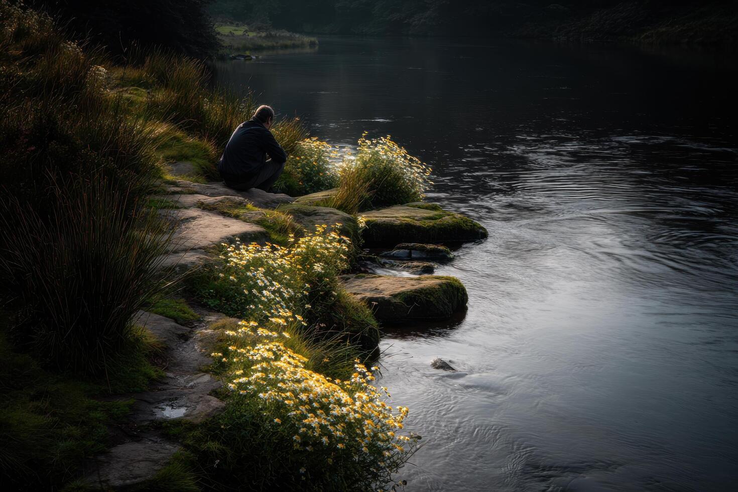 serene individual deeply immersed in thought and reflection amidst lush natural landscape photo
