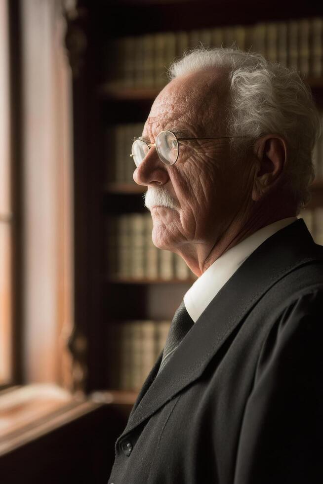 An older man in a suit and tie looking out the window photo