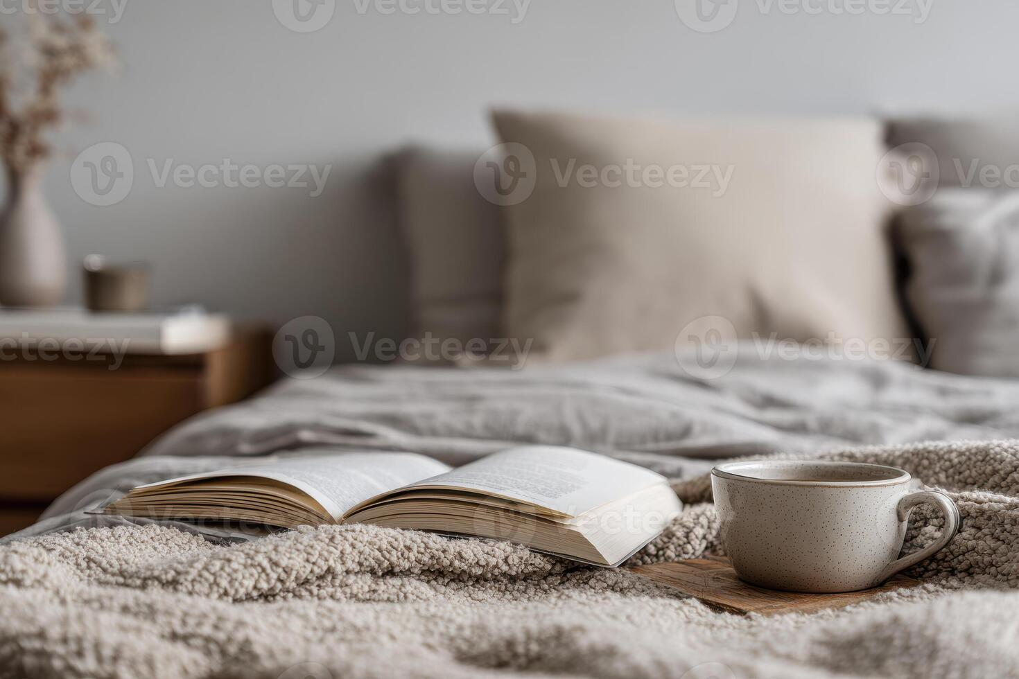 A book and coffee cup on a bed with pillows photo
