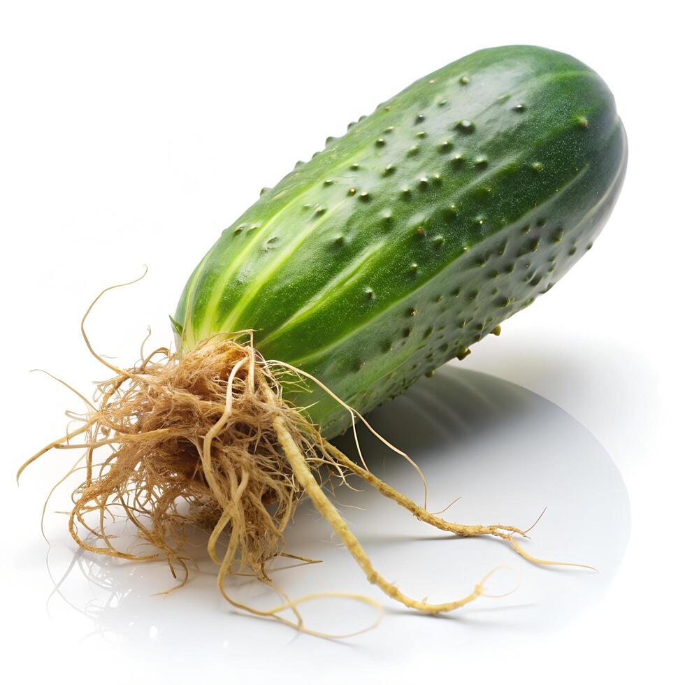 Roots Attached Cucumber Angled Front View Photo on White Background