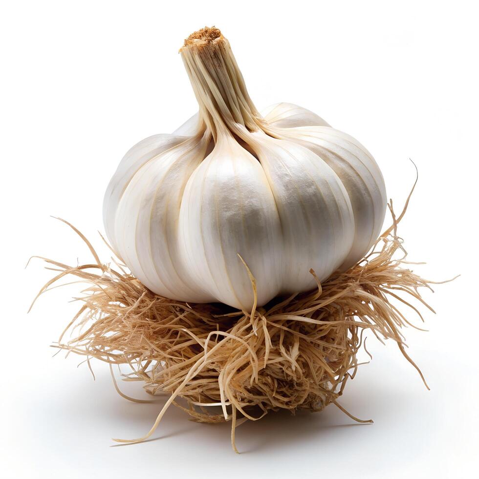 Roots Attached Garlic Angled Front View Photo on White Background