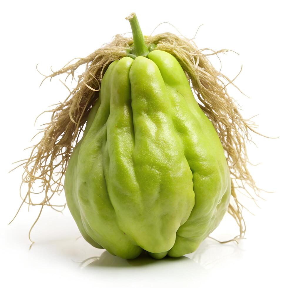 Roots Attached Chayote Angled Front View Photo on White Background