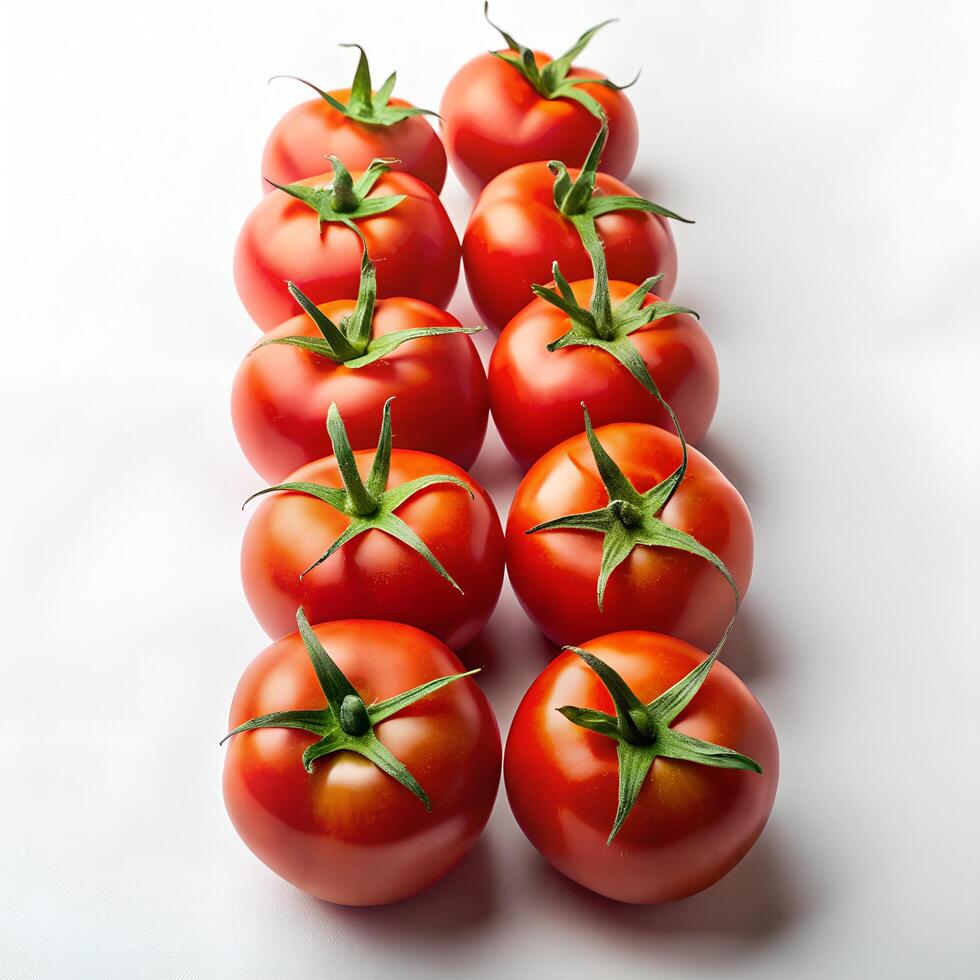 Line of Tomato Overhead Flat Lay Photo on White Background