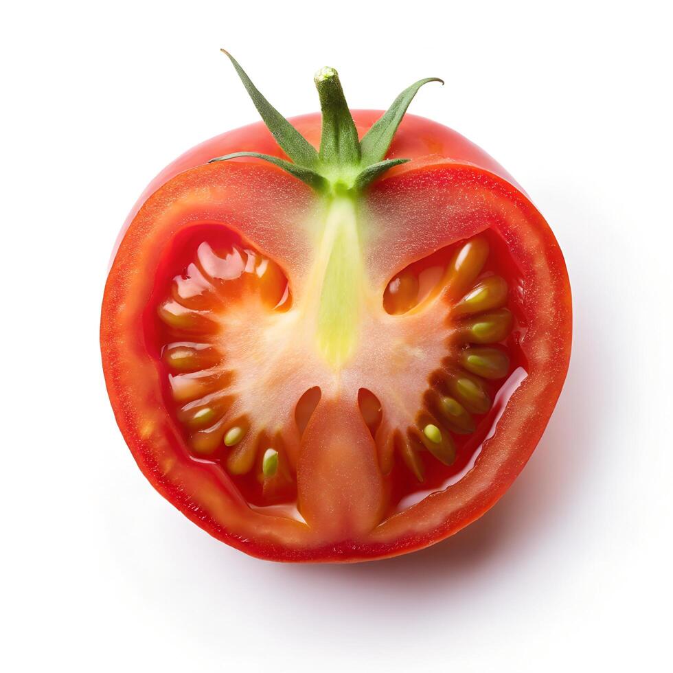 Cut Tomato Overhead Flat Lay Photo on White Background