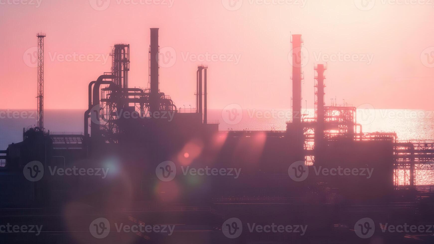 A silhouette of a vast industrial complex, likely an oil refinery or power plant, with numerous towers and pipes against a vibrant pink and orange sunset over the ocean photo