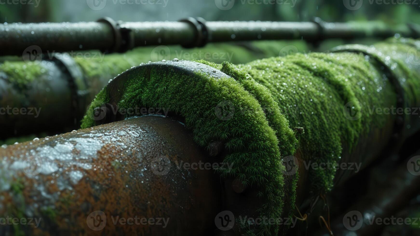 Old, rusty industrial pipes heavily covered in vibrant green moss and glistening with raindrops, set against a blurred, dark forest background, showing nature reclaiming man-made structures. photo