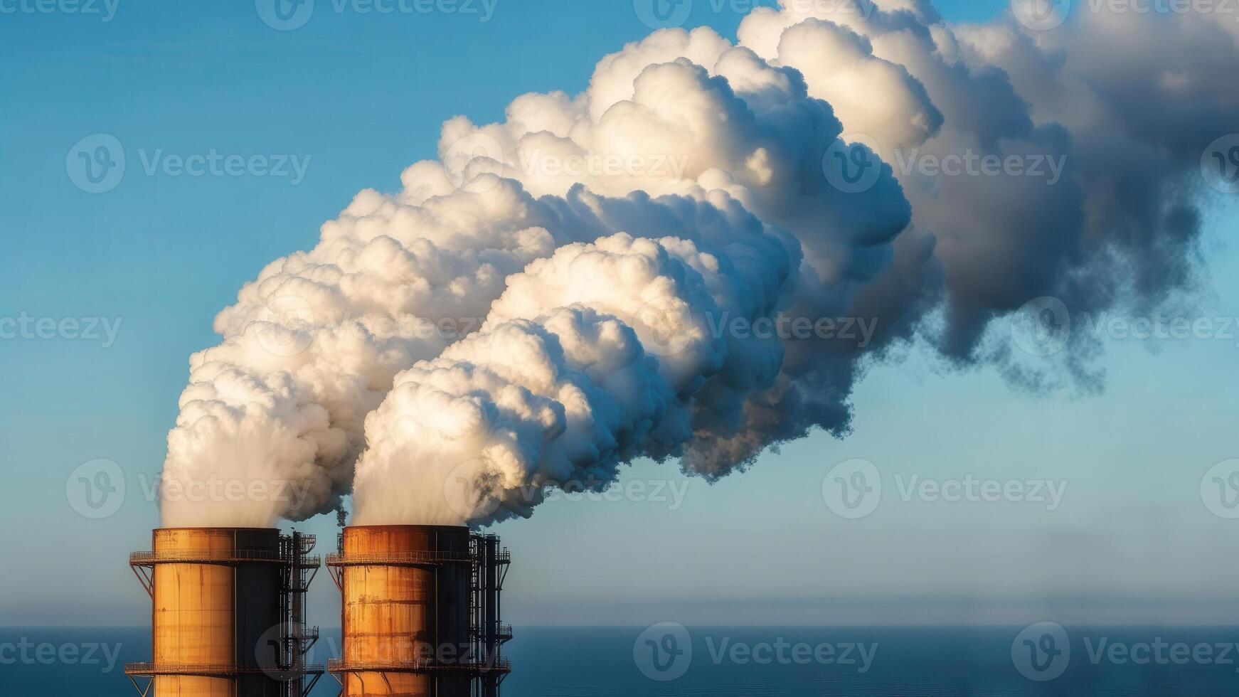 Thick plumes of white smoke billow from two large industrial smokestacks against a clear blue sky, with the ocean visible in the background. Concept of industrial pollution and environmental impact photo