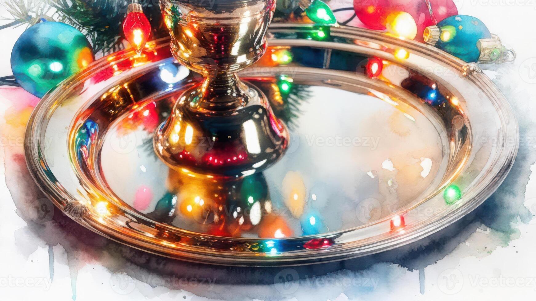 Festive cake or goblet stand adorned with colorful Christmas garlands and ornaments. Joyful table decoration photo