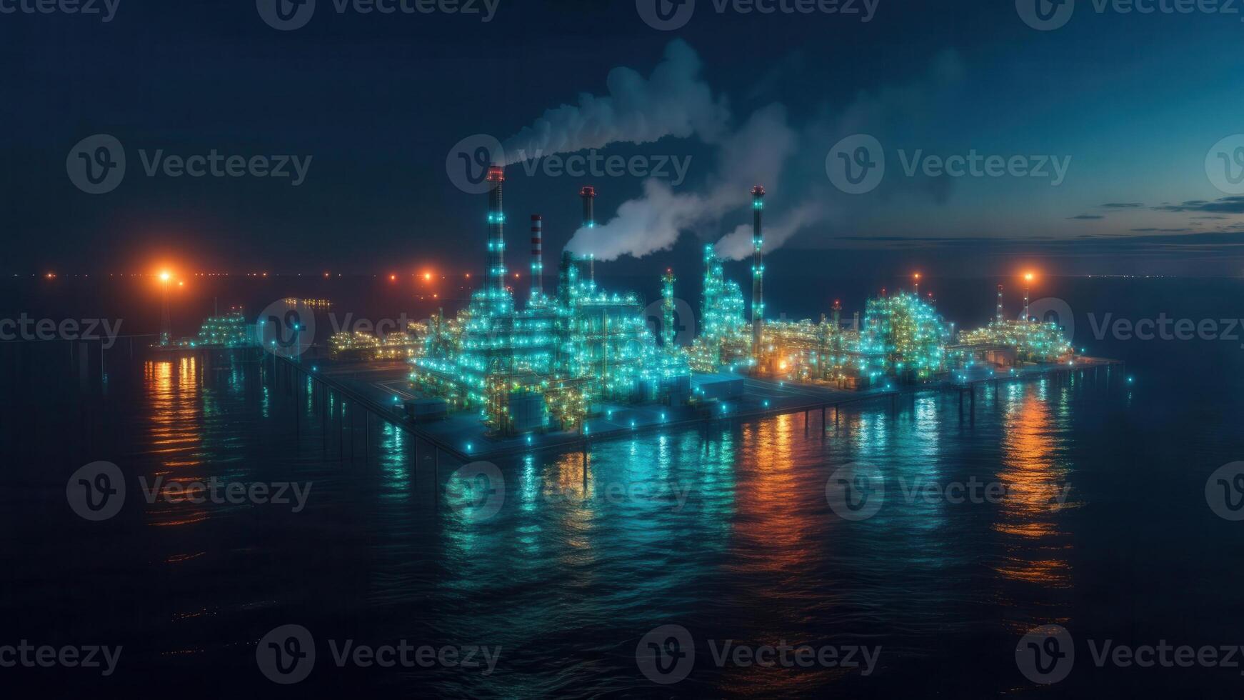 A large industrial complex on the waterfront at night, illuminated by numerous vibrant lights reflecting on the water, with steam rising from chimneys against a dark sky photo