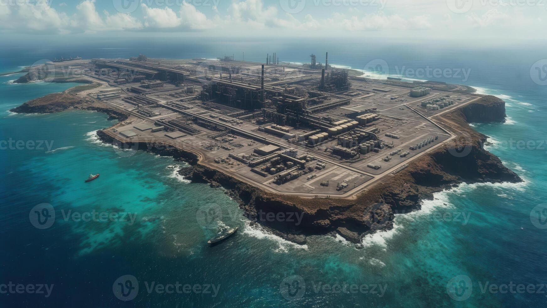 An aerial view of a large industrial complex situated on a rocky island surrounded by clear blue ocean and a distant horizon. Concept of isolated industrial development photo