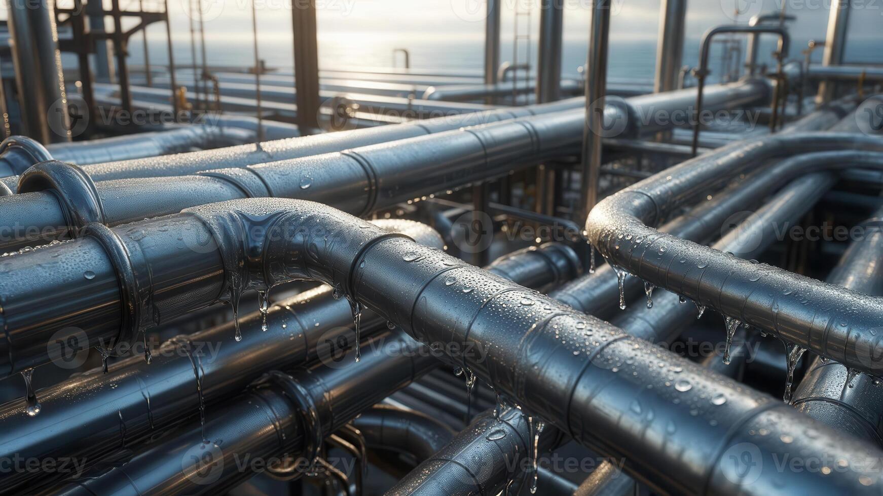 A close-up view of a complex network of shiny, metallic industrial pipes and conduits, suggesting a vast and intricate manufacturing or processing facility. Concept of industrial infrastructure photo