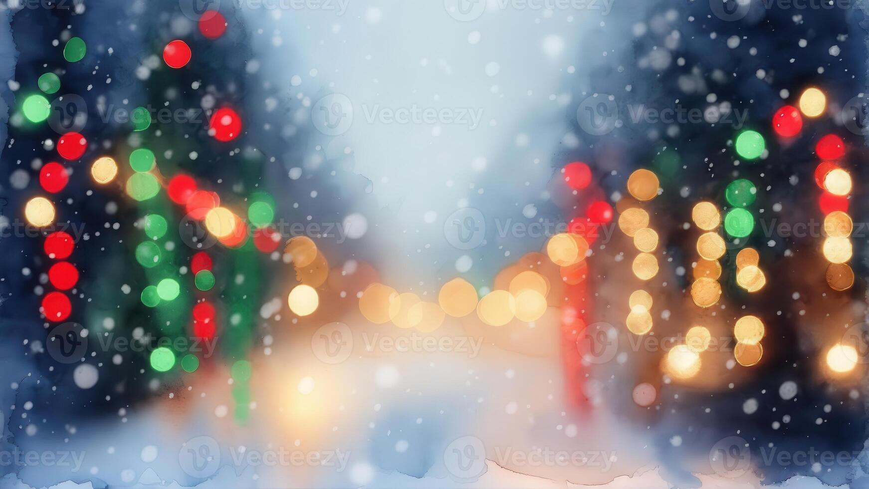 Blurred Christmas lights in red, green, and gold against softly falling snow, creating a magical and festive winter holiday atmosphere. photo