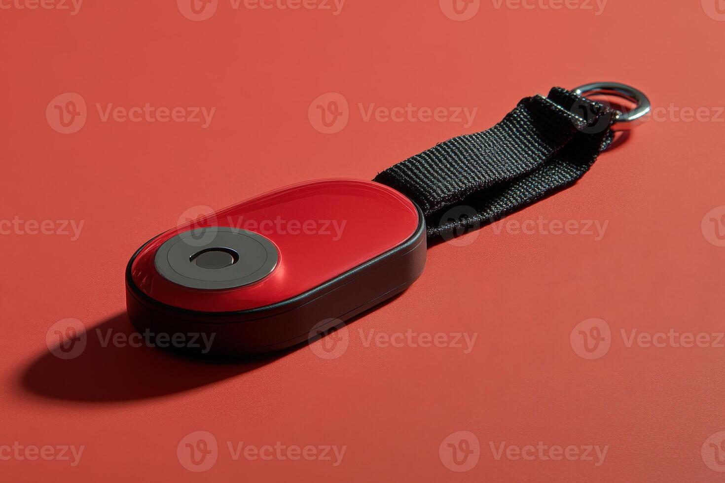 A red and black keychain with a black button photo