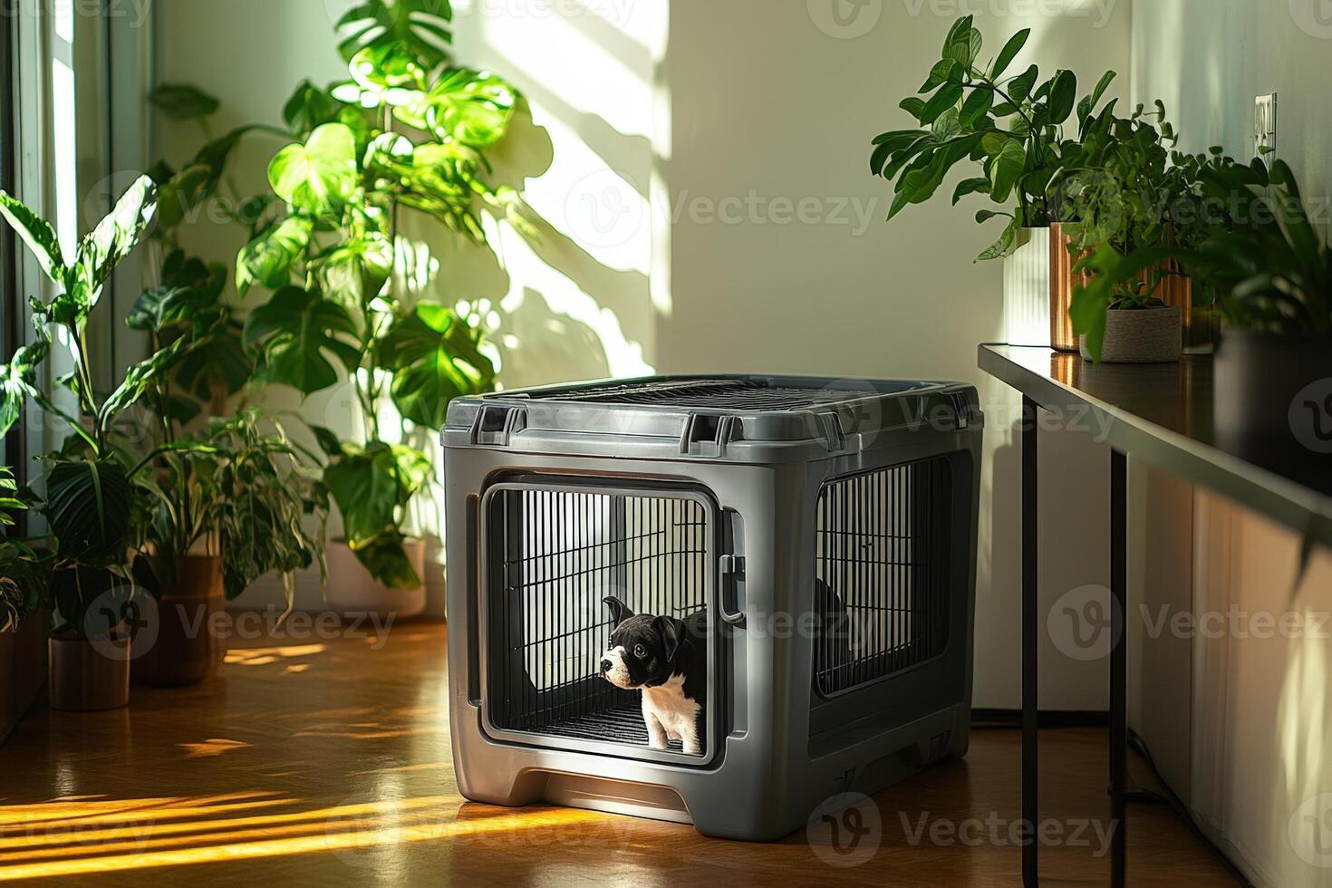A cat sitting in a small dog crate in a room photo