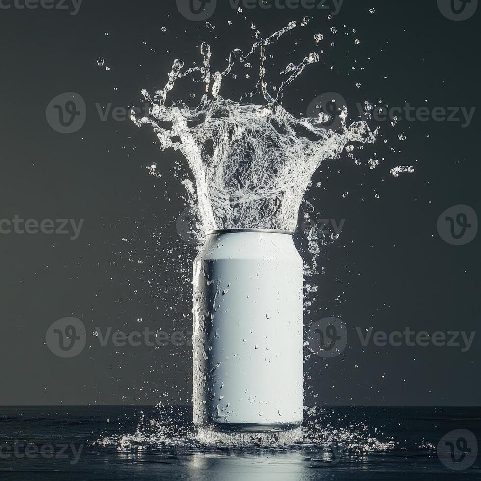 A can of soda is being splashed with water photo