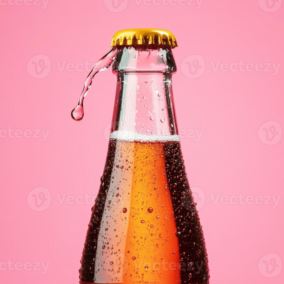 Glass Bottle with Yellow Cap and Pink Background photo