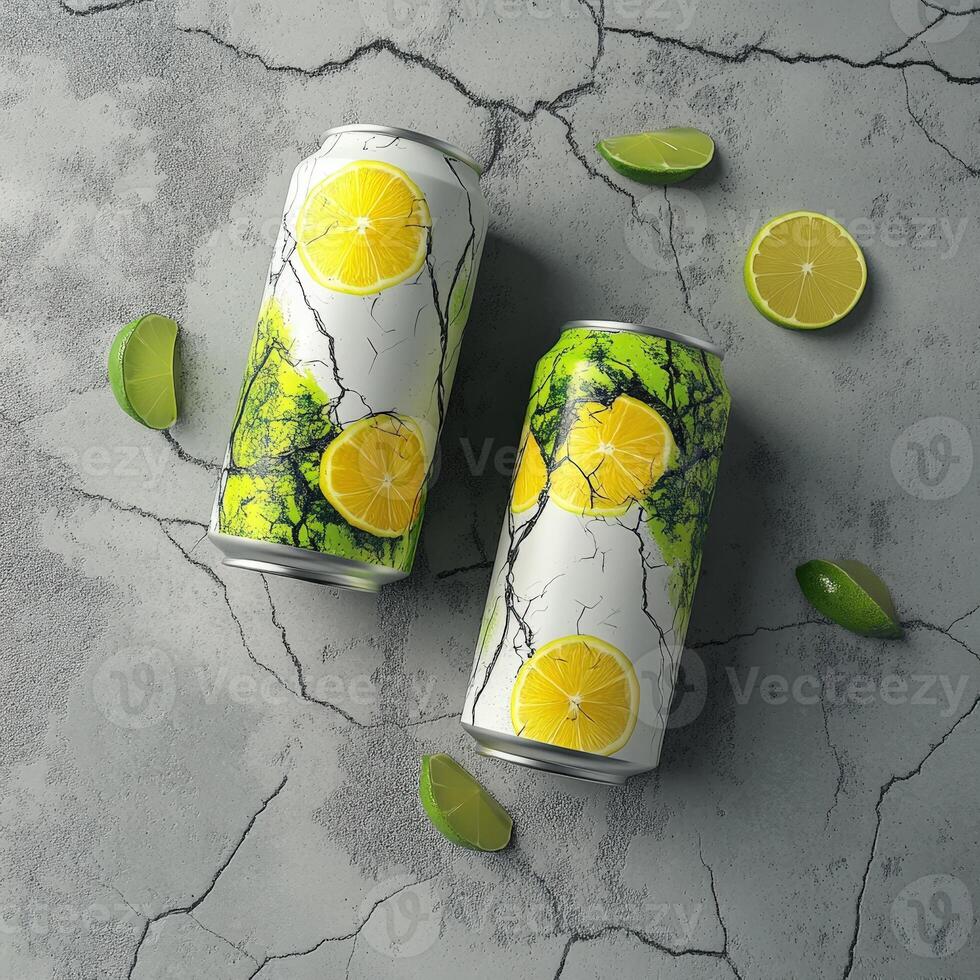 Two Cans of Lemon Lime Soda on a Cracked Concrete Surface photo