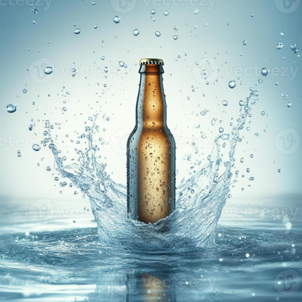 A beer bottle is splashing into the water photo