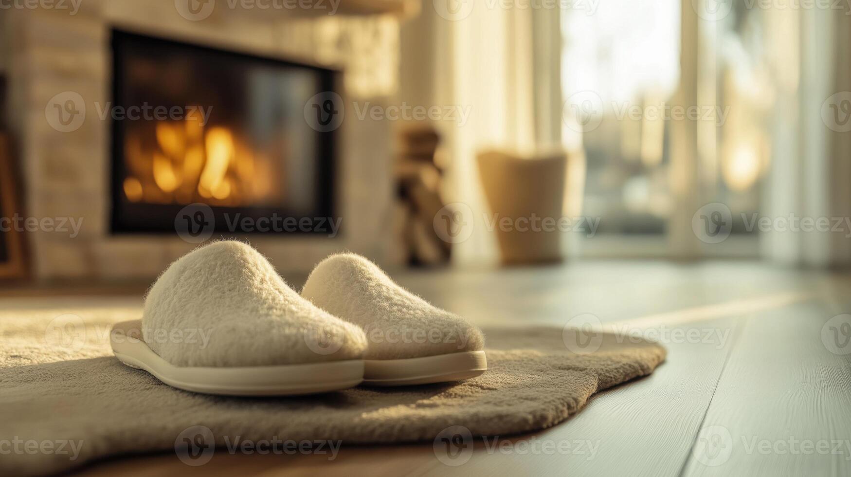 Light beige slippers on round mat with fireplace and morning sunlight creating warm atmosphere photo