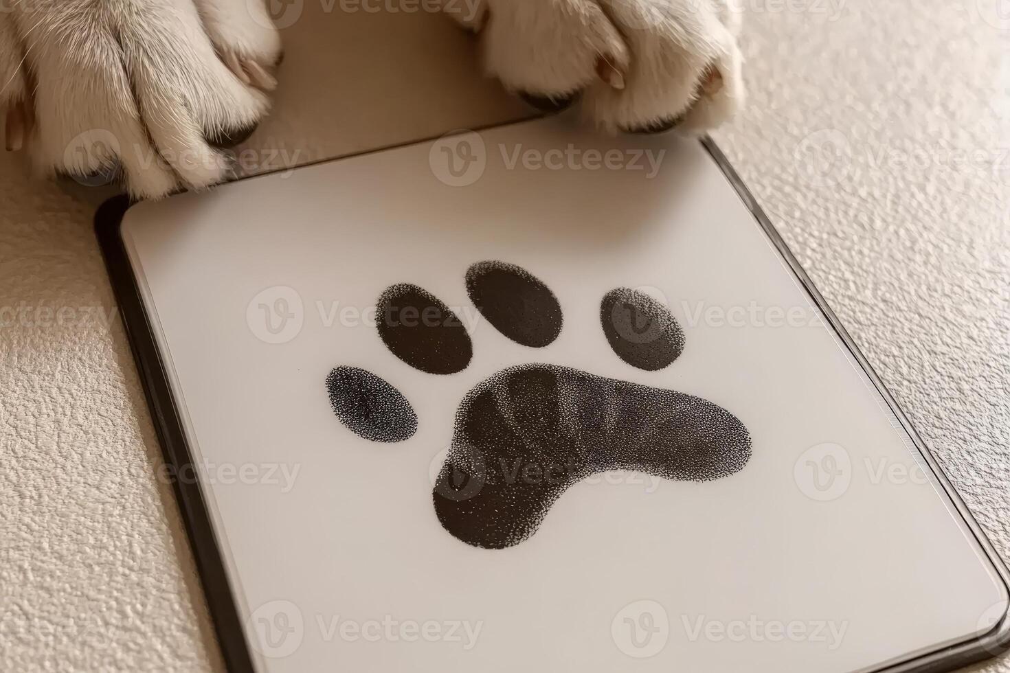 A dog paw print on a white surface photo