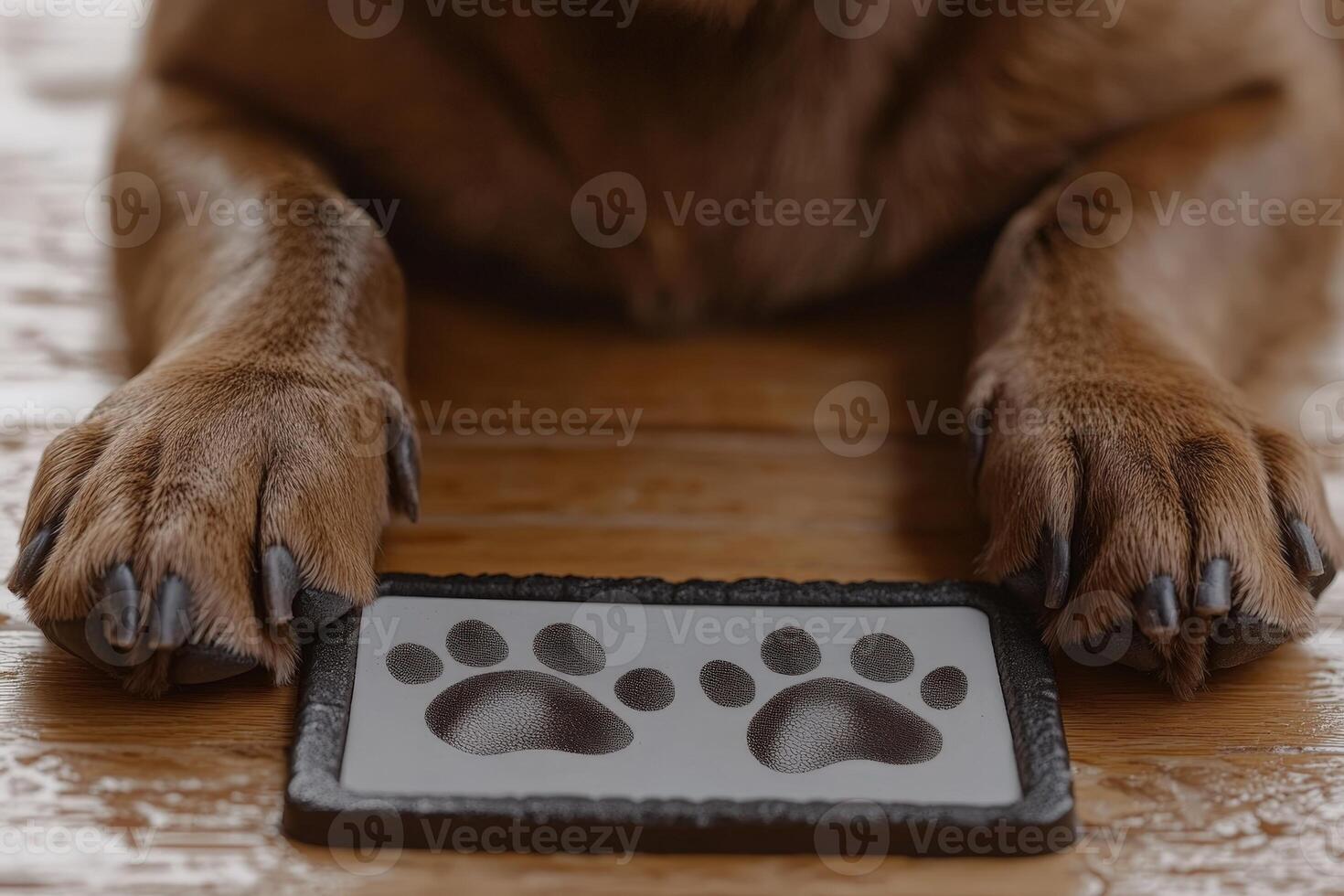 A dog's paw prints on a dog food dish photo