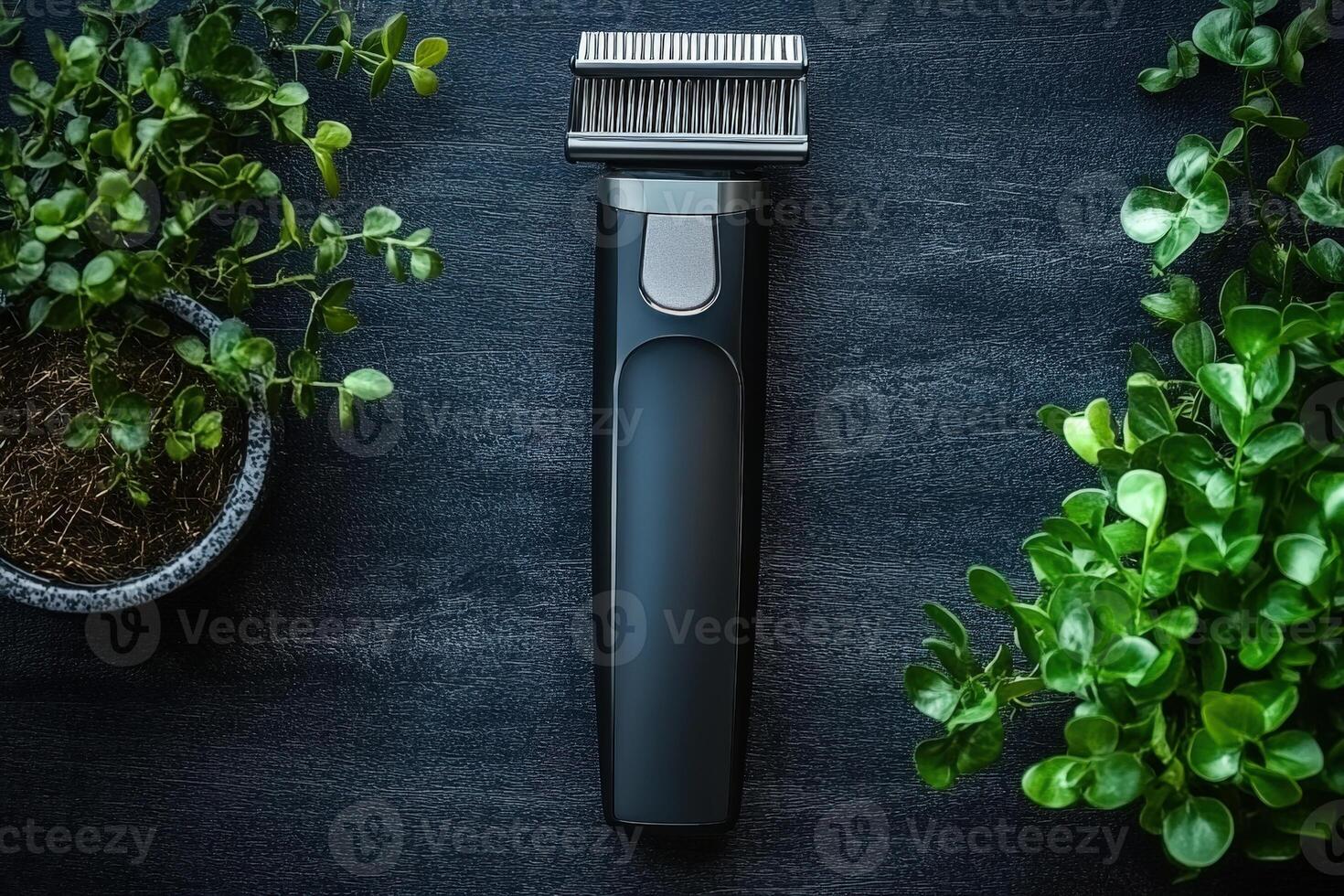 A black electric shaver next to a plant photo
