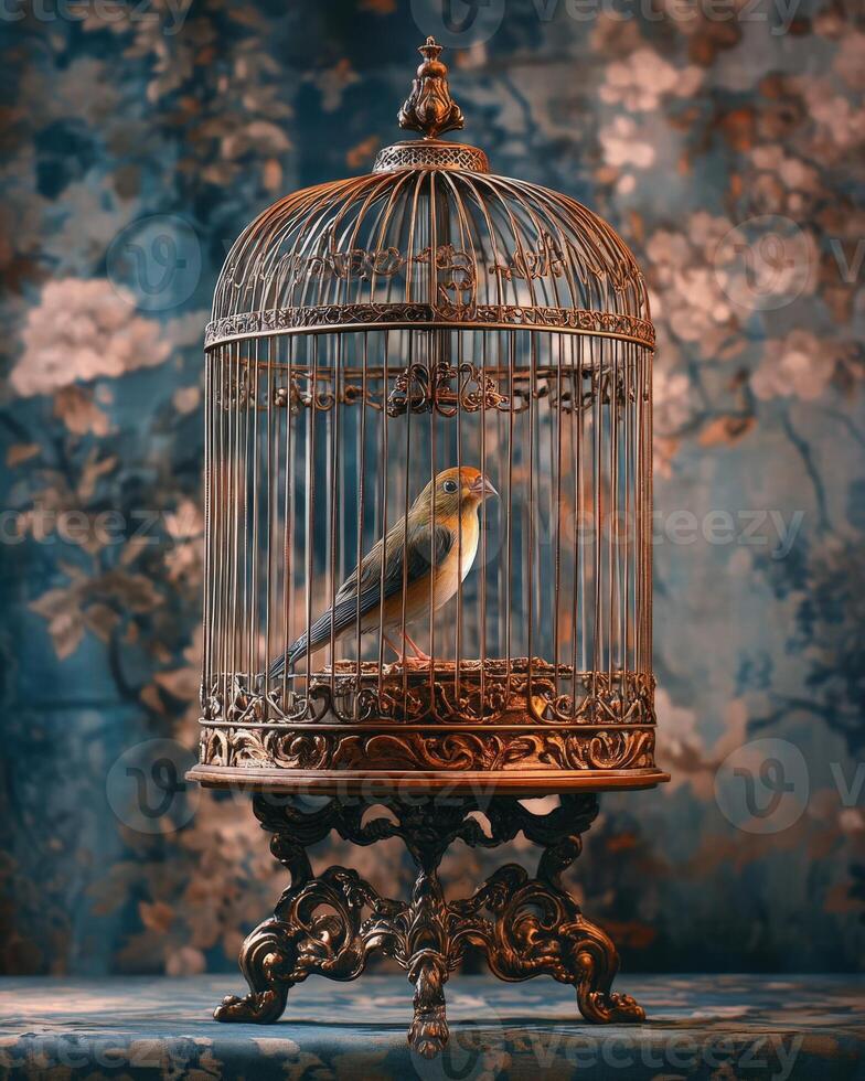 A bird in a cage on a table. photo