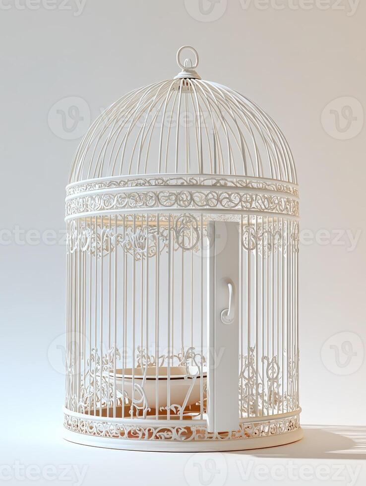 A white bird cage with a door open photo
