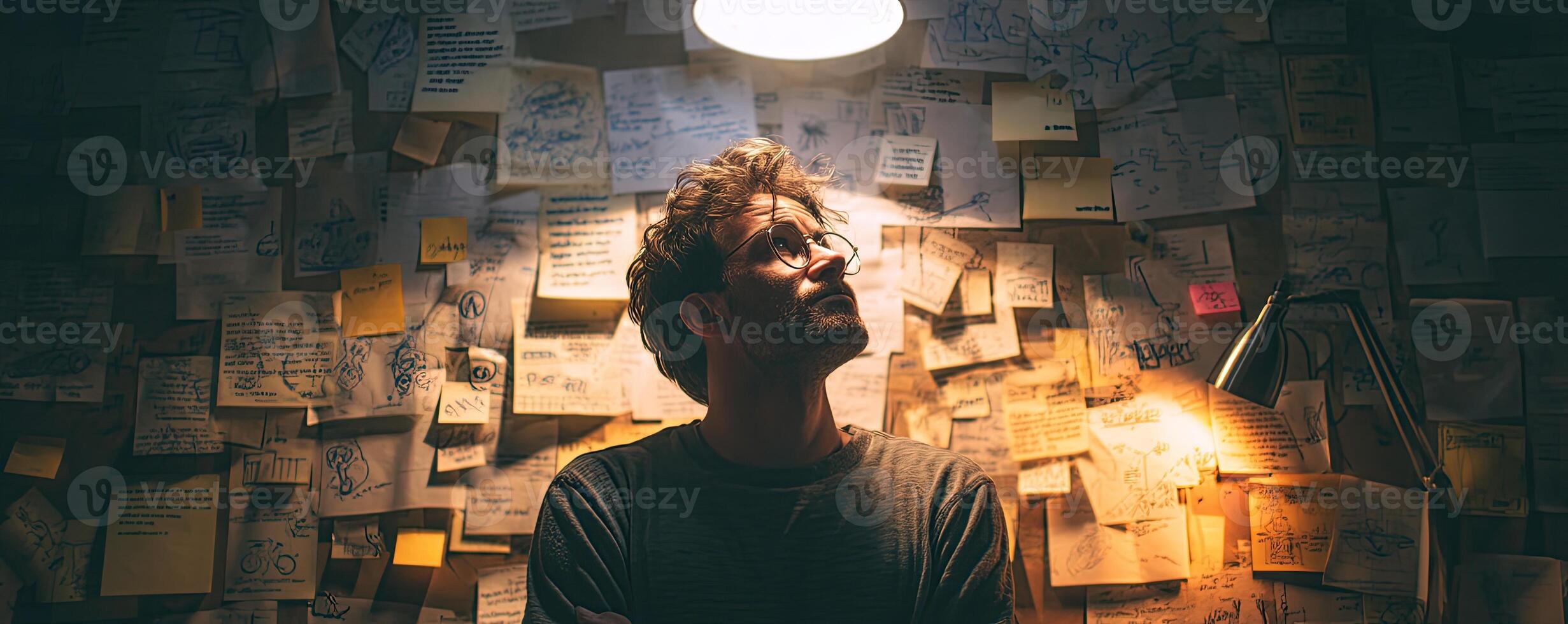 A man stands before a wall of ideas, pondering his next move, illuminated by light. photo
