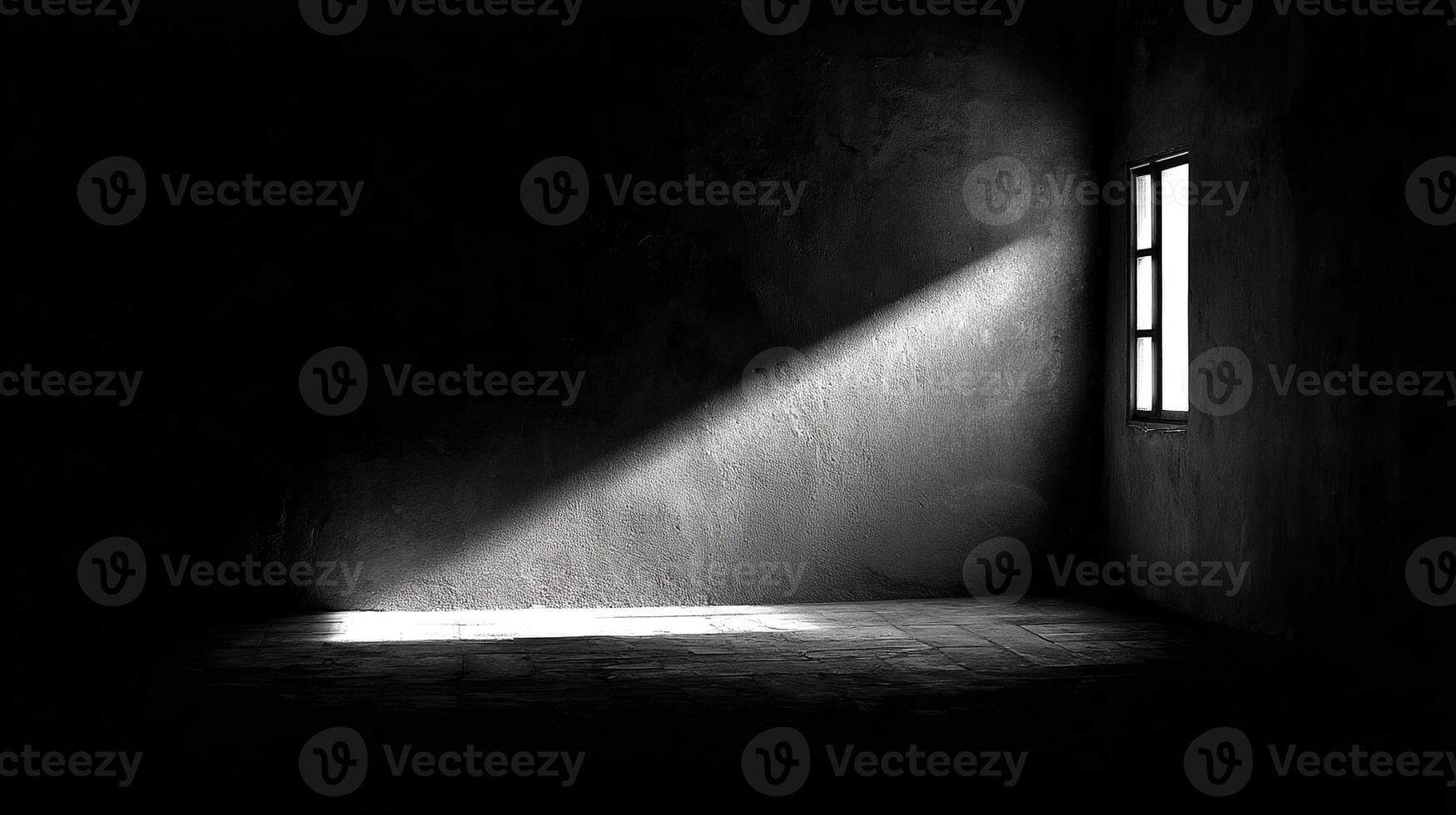 Light streams through a window, illuminating a dark and textured room. photo