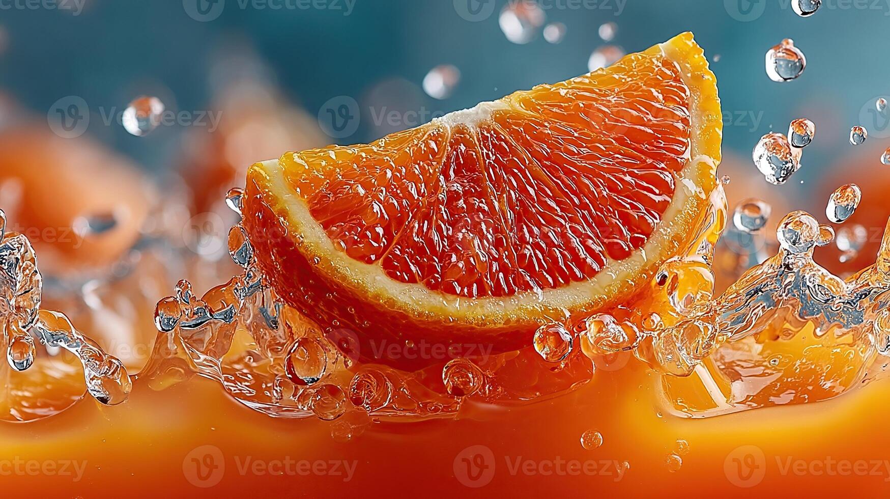 Refreshing orange slice bursts with water droplets in a vibrant, dynamic composition. photo