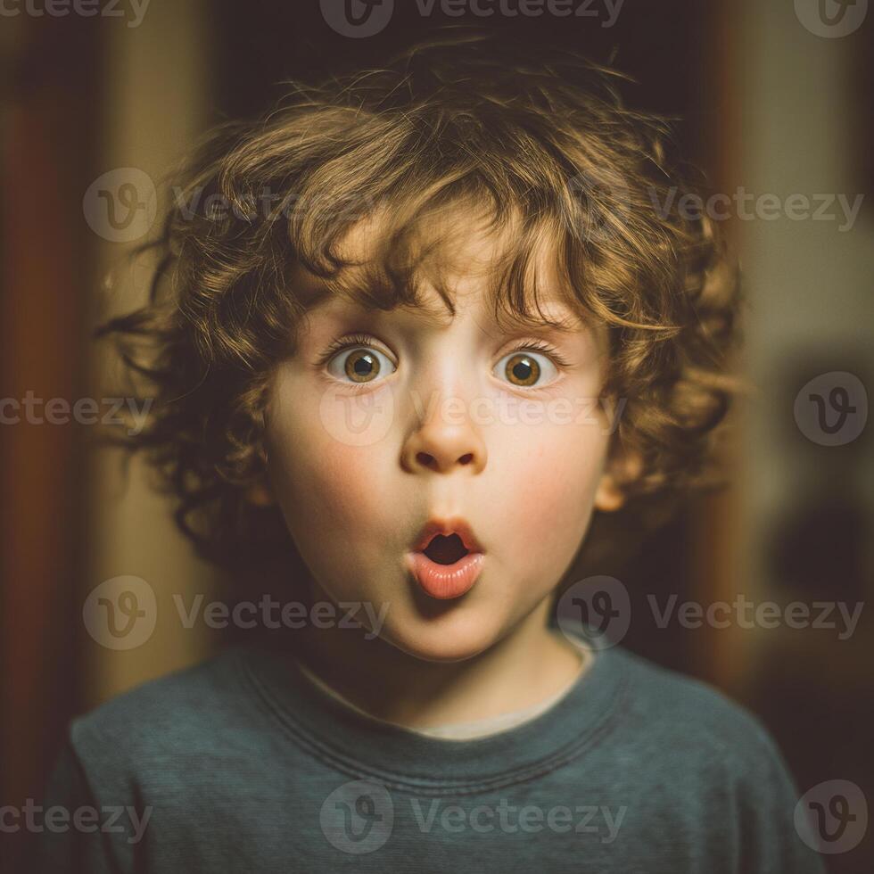 A surprised young boy with wide eyes and an open mouth stares in amazement. photo