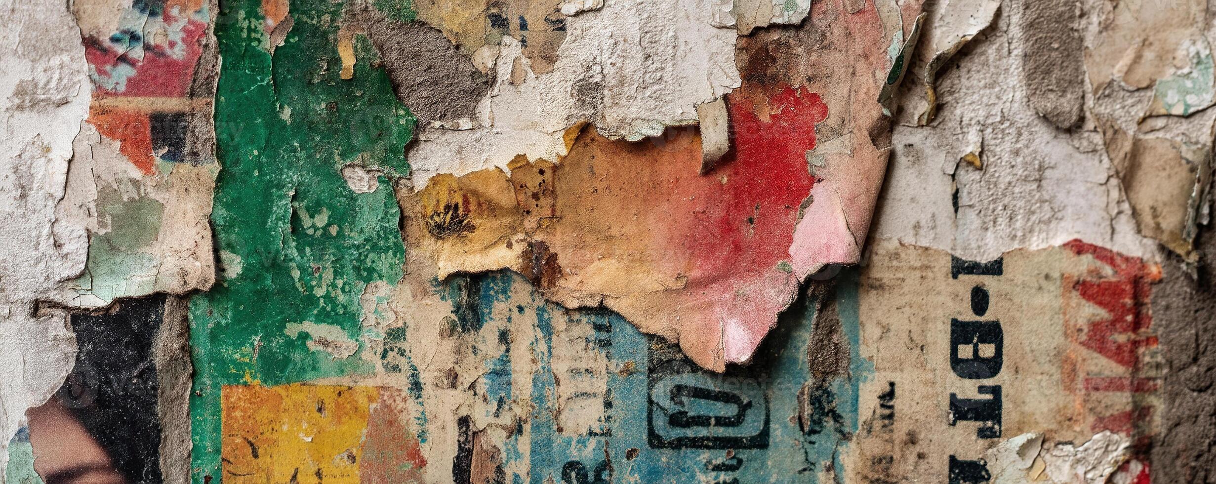Weathered wall with peeling paint and fragments of old posters, creating a gritty urban aesthetic. photo