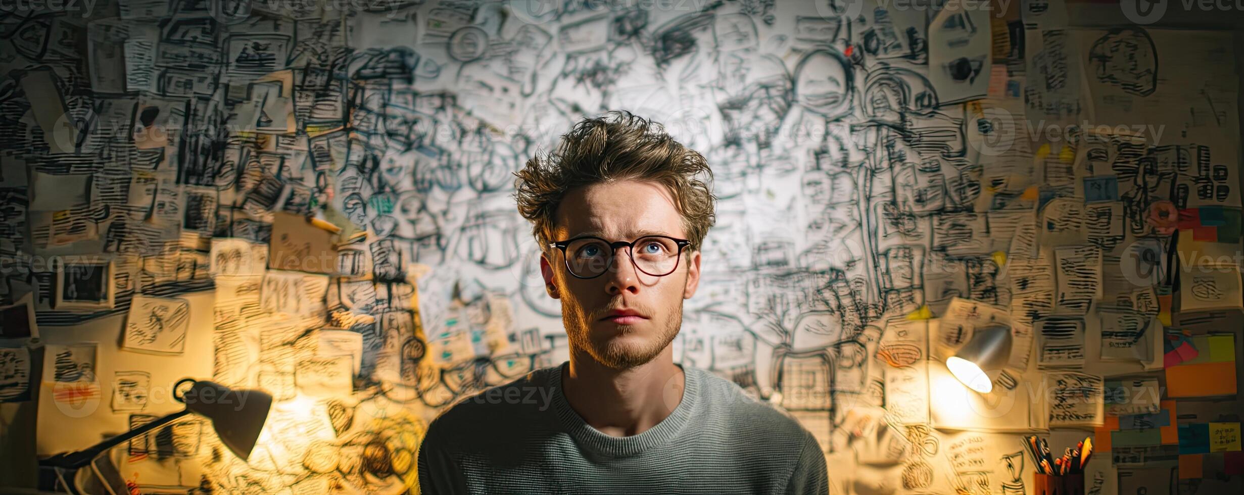 A thoughtful man surrounded by ideas and sketches in a creative workspace. photo