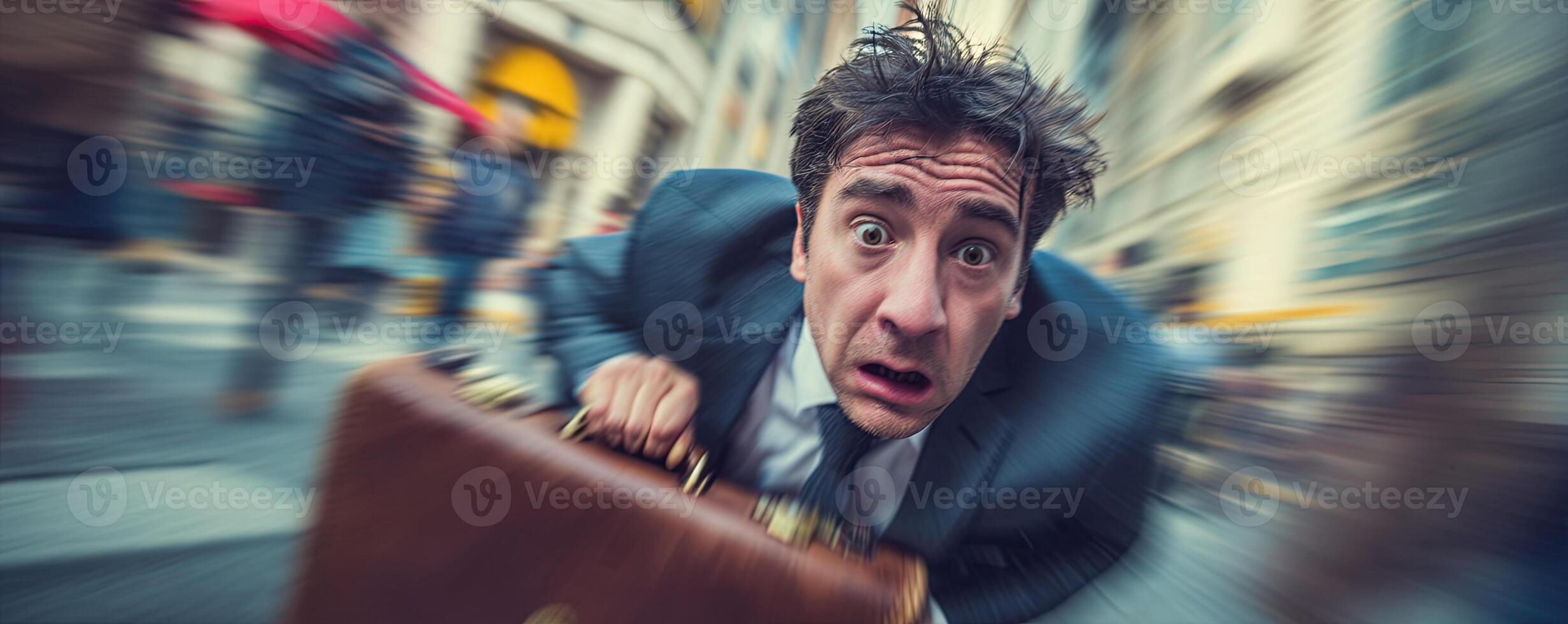 Businessman running in a city street with a panicked expression, stressed and late. photo