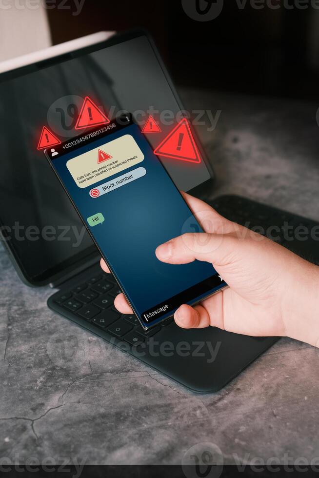 Woman receives message from suspected number scam. Unwanted anonymous call. Fraud and phishing phone concept. Message from stranger. Smartphone screen showing spam message. photo