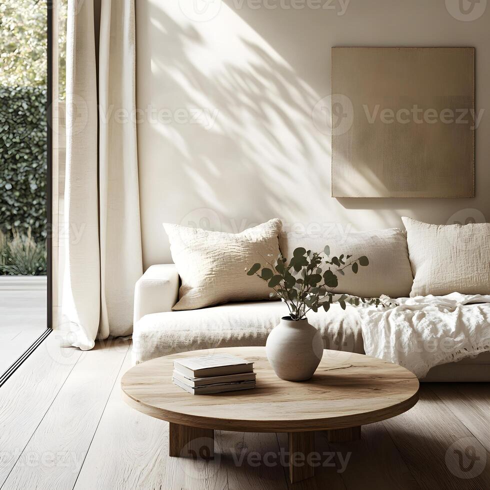 Interior of modern living room with beige sofa, coffee table, and plant in vase. Day light. photo