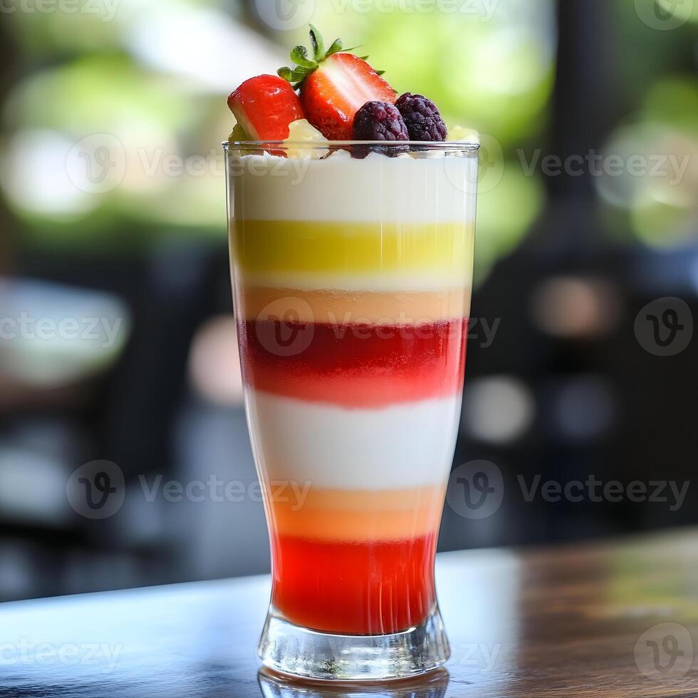 Colorful fruit cold fruit layered drink in a glass on the table. multiple layers drink. photo