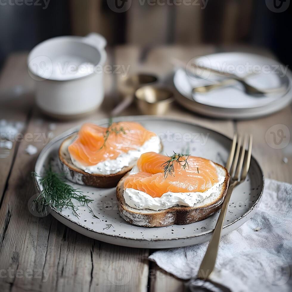 Smoked salmon on cream cheese toast photo