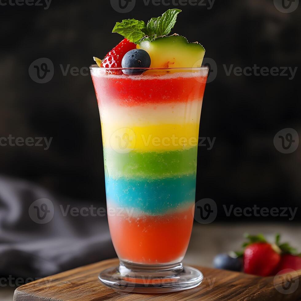 Refreshing summer fruit cocktail with berries and mint on dark background. multiple layers drink. photo