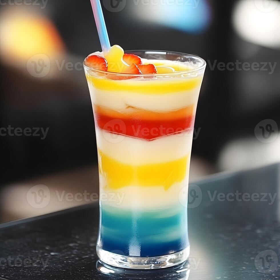 Colorful Refreshing summer fruit cocktail in a glass with a straw on a black background. multiple layers drink. photo