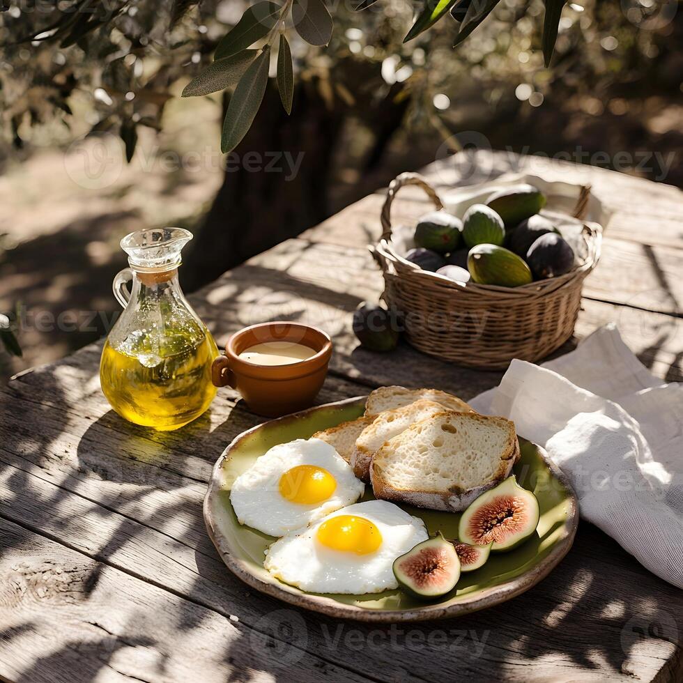 Breakfast with fried eggs, figs and toast on wooden table in garden. photo