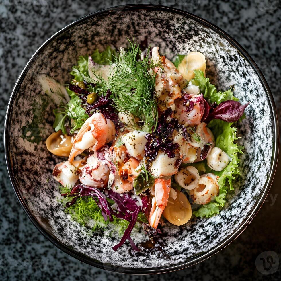 Seafood salad with shrimps, mussels, prawns, and lettuce. Top view, selective focus. photo