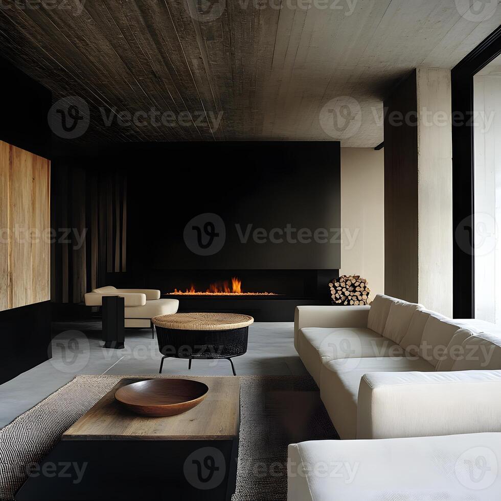 Interior of modern living room with black walls, concrete floor, dark wooden and white sofa and coffee table, flat mock up. photo